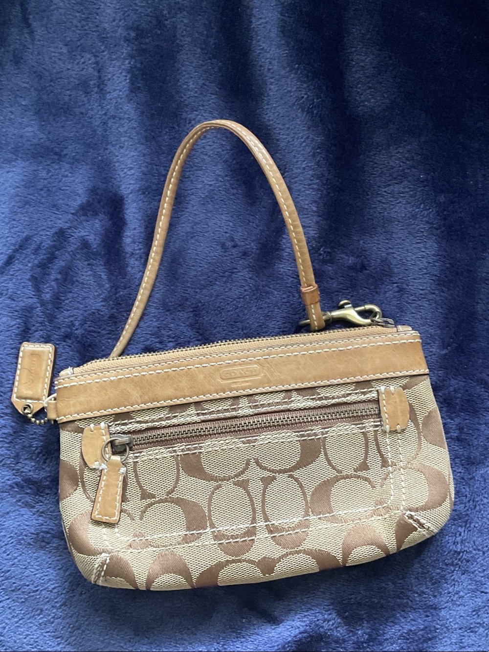 Coach Brown Signature Canvas Wristlet with Tan Leather Trim